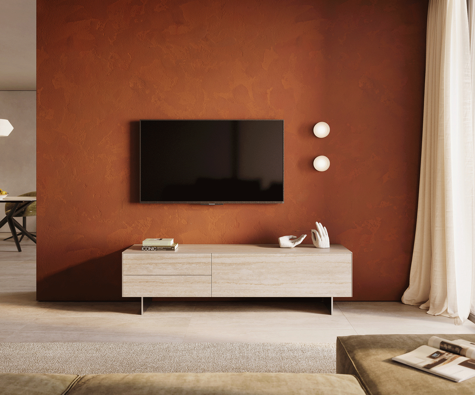 TV stolek Cuor 180 cm keramika Laminam® Travertino Bianco krémově bílá 1 výklopná dvířka 2 zásuvky podnož závěsná nerezová ocel - Obrázek 2
