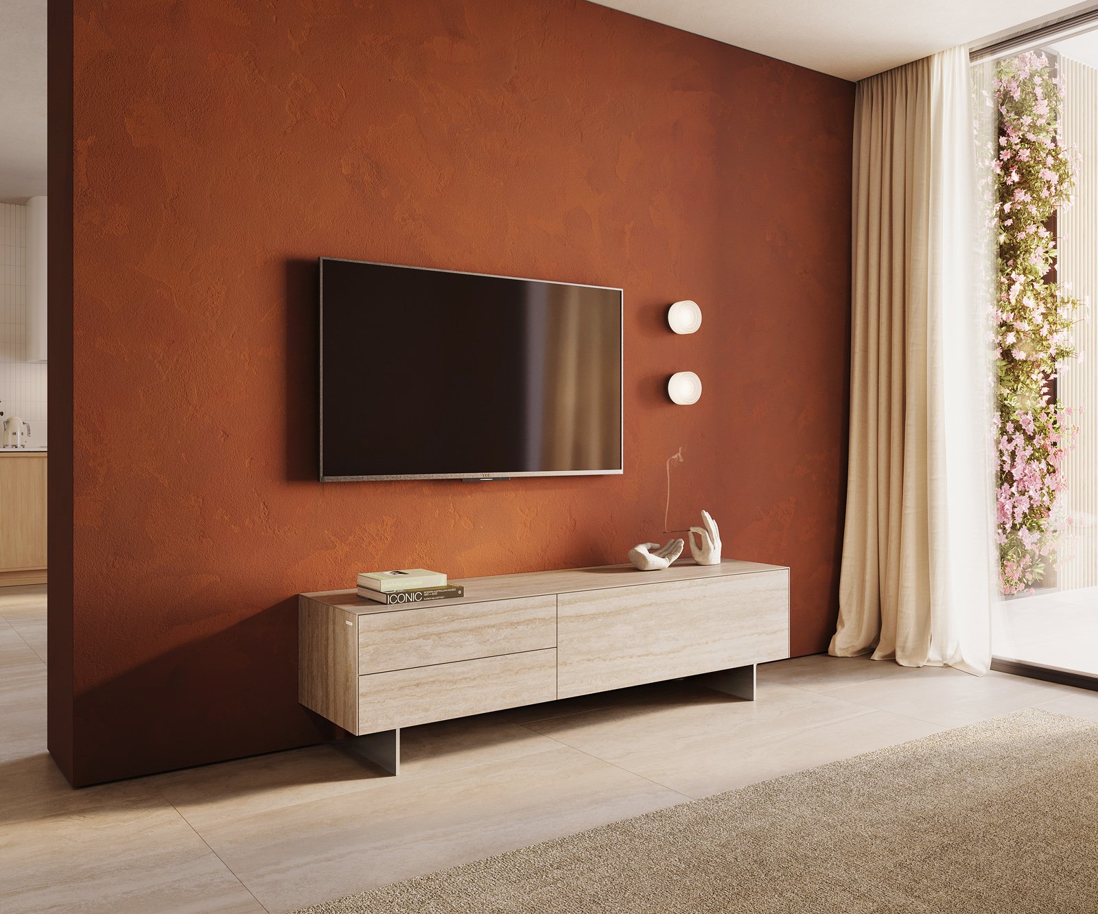 TV stolek Cuor 180 cm keramika Laminam® Travertino Bianco krémově bílá 1 výklopná dvířka 2 zásuvky podnož závěsná nerezová ocel