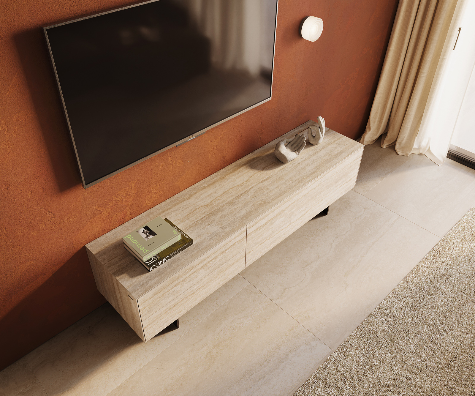 TV stolek Cuor 180 cm keramika Laminam® Travertino Bianco krémově bílá 1 výklopná dvířka 2 zásuvky podnož závěsná kov černá - Obrázek 4