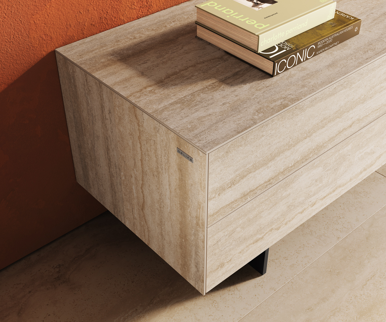 TV stolek Cuor 180 cm keramika Laminam® Travertino Bianco krémově bílá 1 výklopná dvířka 2 zásuvky podnož závěsná kov černá - Obrázek 6
