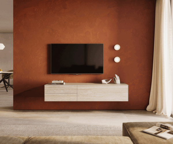 TV stolek Cuor 180 cm keramika Laminam® Travertino Bianco krémově bílá 1 výklopná dvířka 2 zásuvky závěsný - Obrázek 2