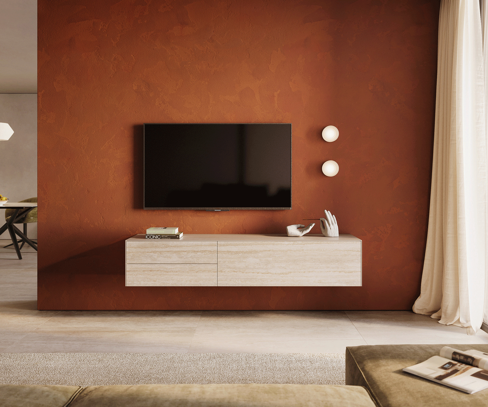 TV stolek Cuor 180 cm keramika Laminam® Travertino Bianco krémově bílá 1 výklopná dvířka 2 zásuvky závěsný - Obrázek 2