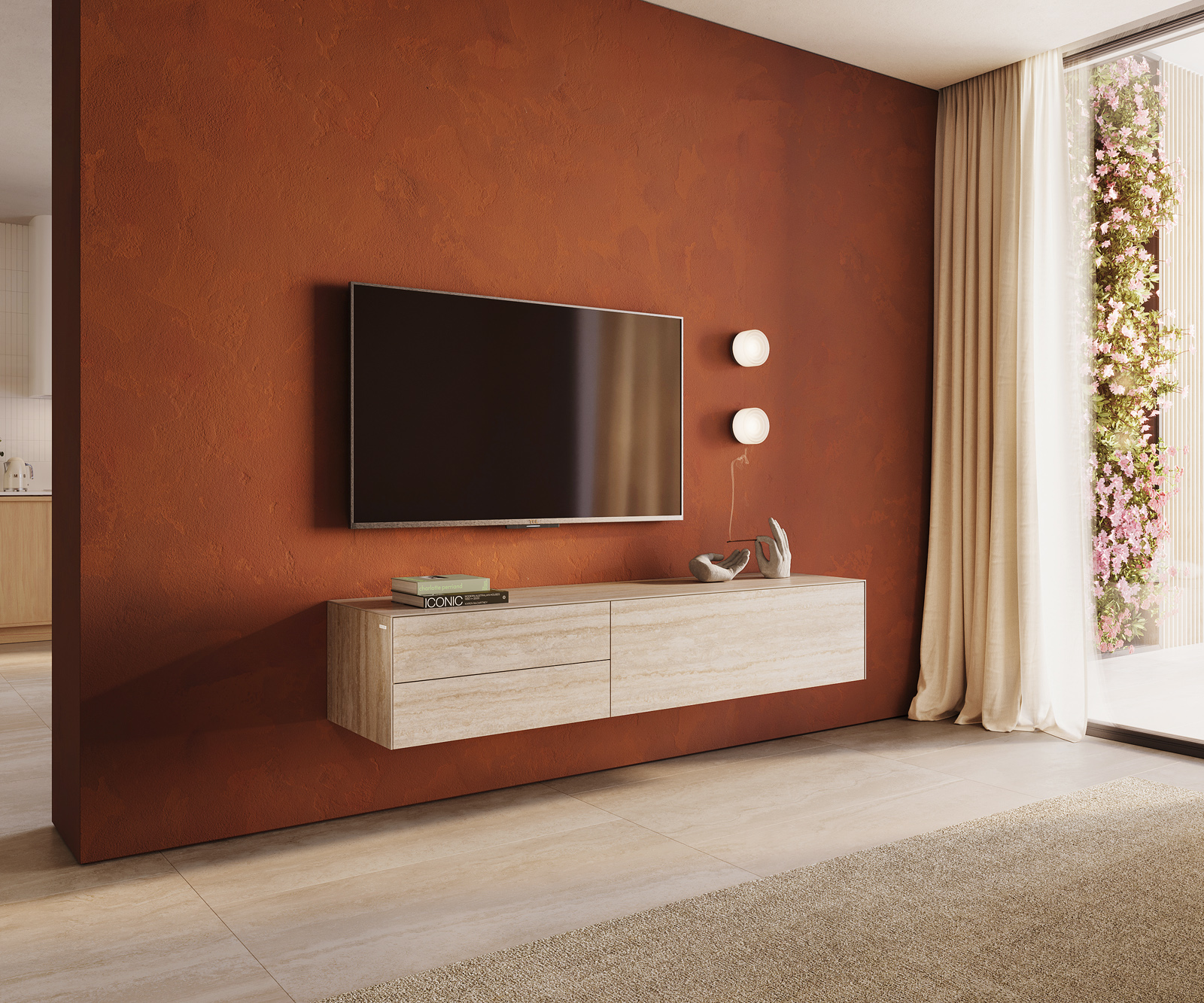 TV stolek Cuor 180 cm keramika Laminam® Travertino Bianco krémově bílá 1 výklopná dvířka 2 zásuvky závěsný