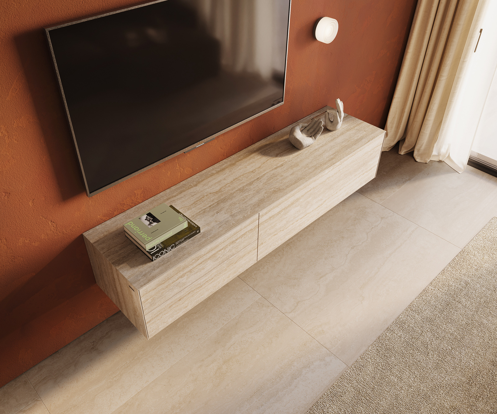 TV stolek Cuor 180 cm keramika Laminam® Travertino Bianco krémově bílá 1 výklopná dvířka 2 zásuvky závěsný - Obrázek 4