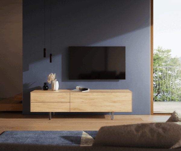 TV stolek Cuor 180 cm keramika Laminam® Sabbia dubová barva 1 výklopná dvířka 2 zásuvky podnož závěsná akrylglas - Obrázek 2