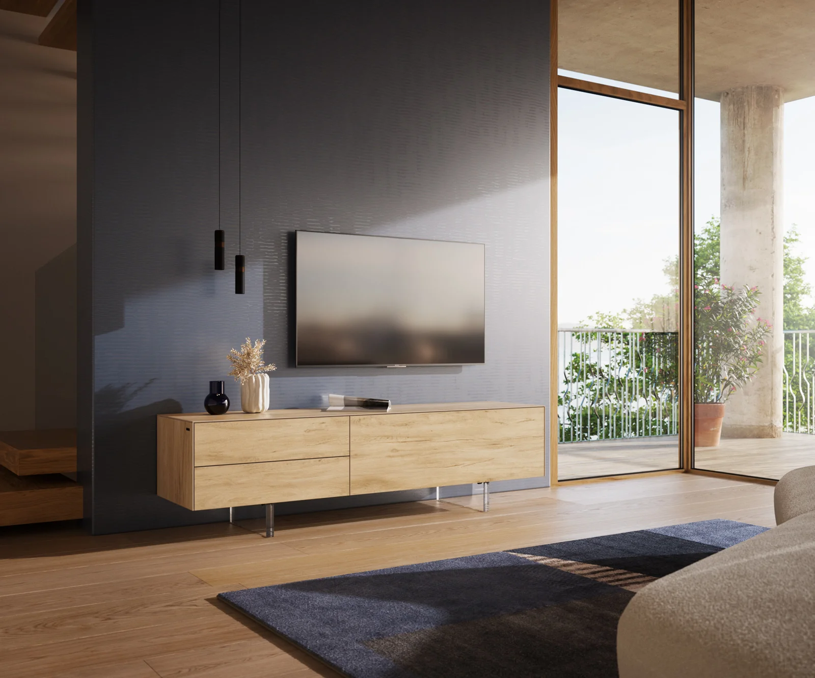 TV stolek Cuor 180 cm keramika Laminam® Sabbia dubová barva 1 výklopná dvířka 2 zásuvky podnož závěsná akrylglas