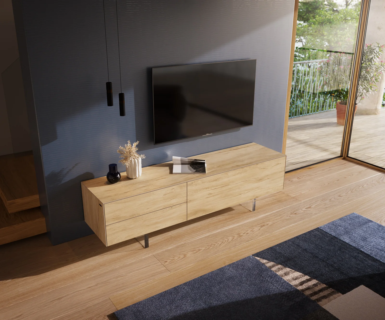 TV stolek Cuor 180 cm keramika Laminam® Sabbia dubová barva 1 výklopná dvířka 2 zásuvky podnož závěsná akrylglas - Obrázek 4