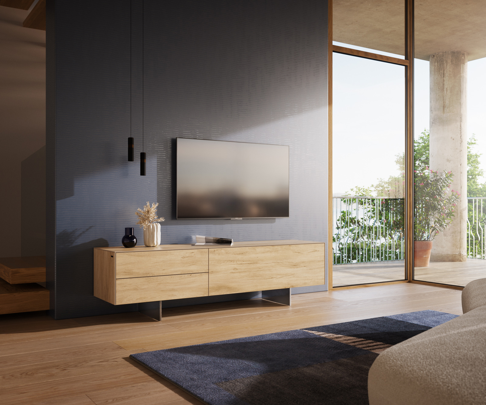 TV stolek Cuor 180 cm keramika Laminam® Sabbia dubová 1 výklopná dvířka 2 zásuvky podnož závěsná nerezová ocel