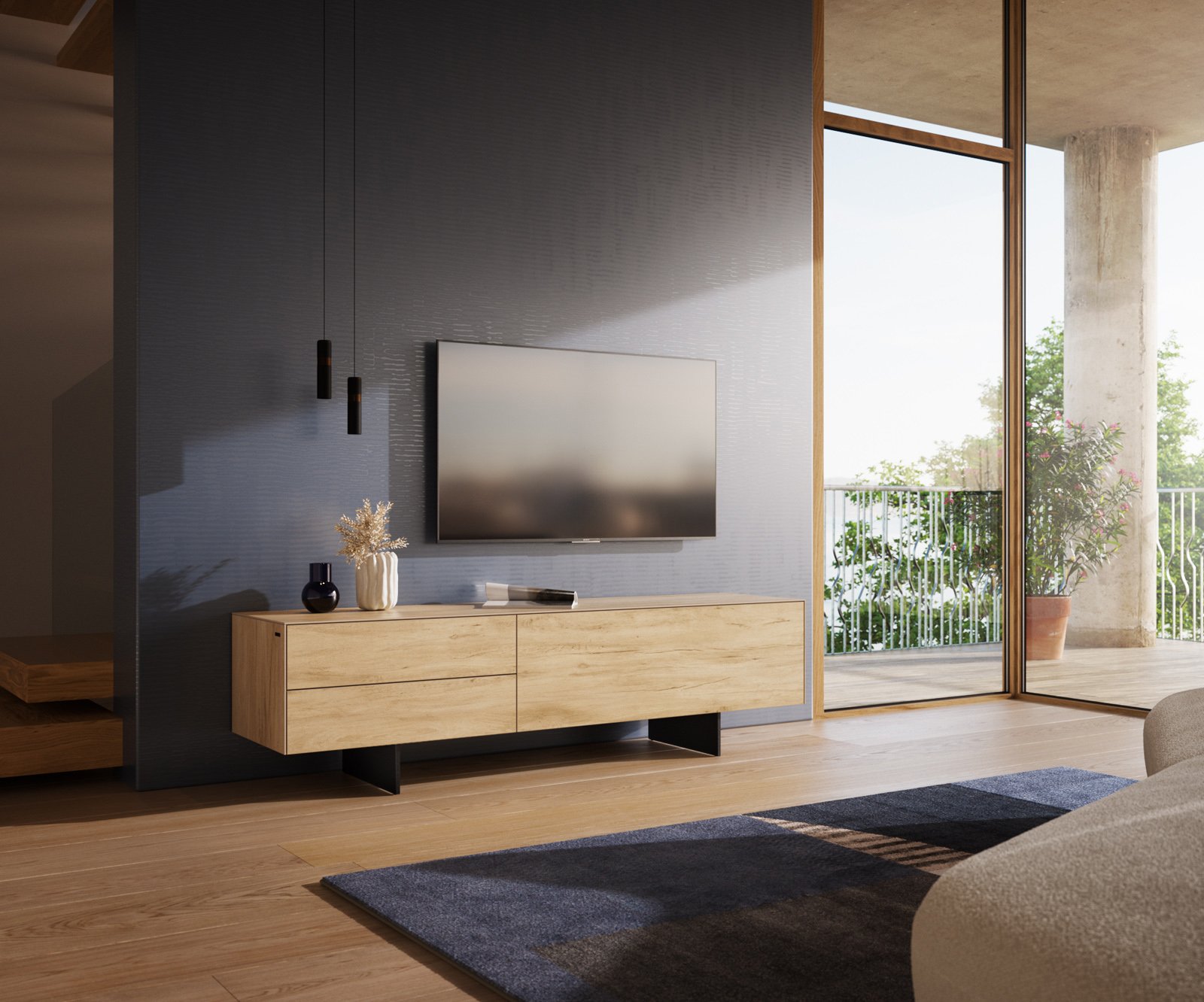 TV stolek Cuor 180 cm keramika Laminam® Sabbia dubová 1 výklopná dvířka 2 zásuvky podnož závěsná kov černá