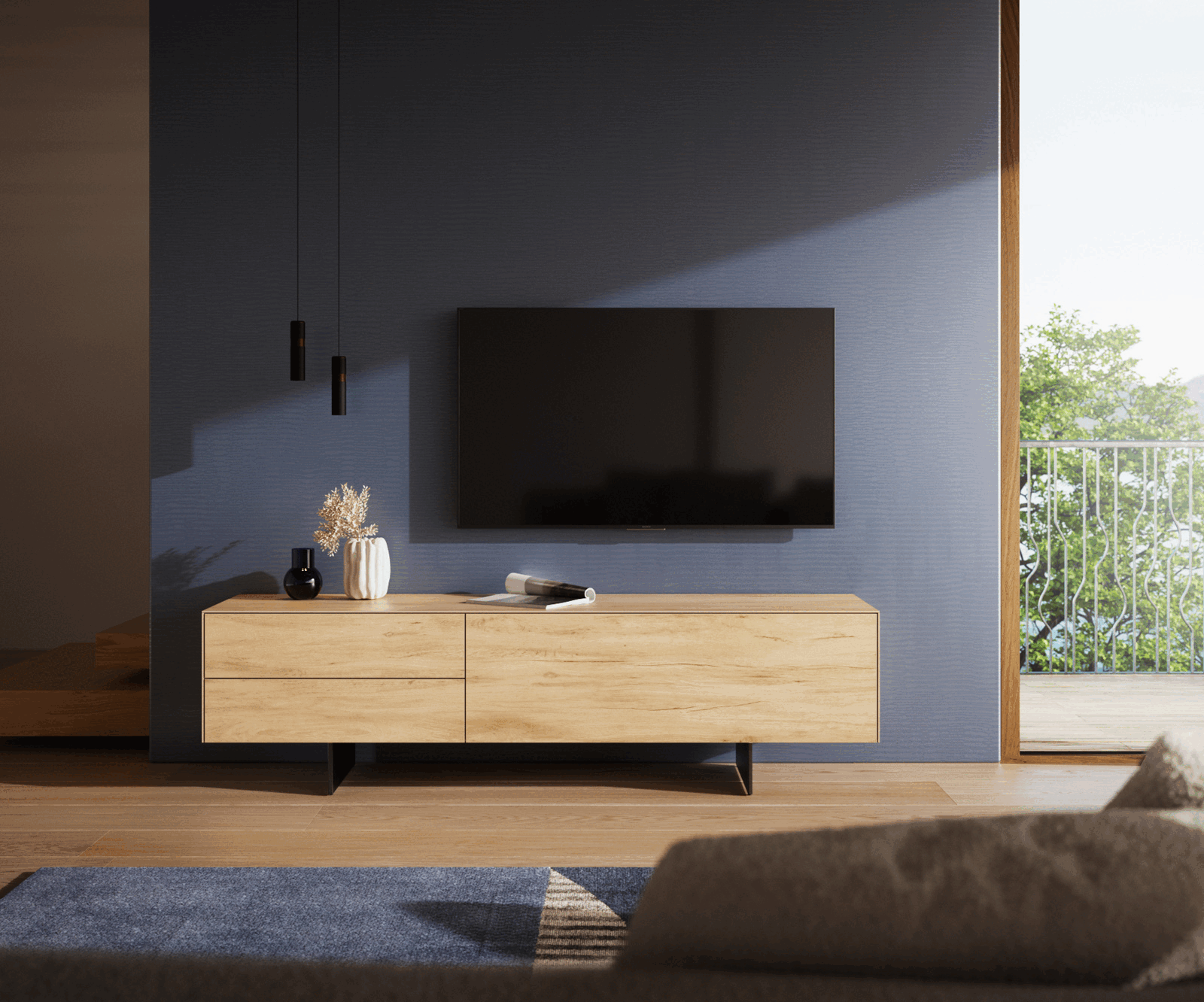 TV stolek Cuor 180 cm keramika Laminam® Sabbia dubová 1 výklopná dvířka 2 zásuvky podnož závěsná kov černá - Obrázek 2