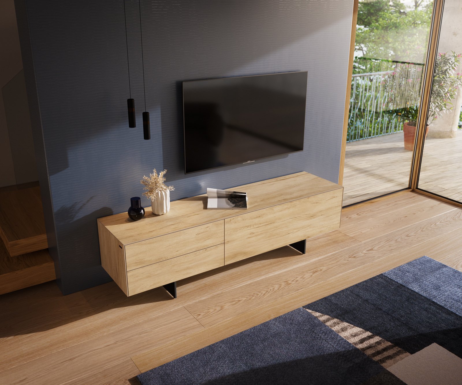 TV stolek Cuor 180 cm keramika Laminam® Sabbia dubová 1 výklopná dvířka 2 zásuvky podnož závěsná kov černá - Obrázek 4