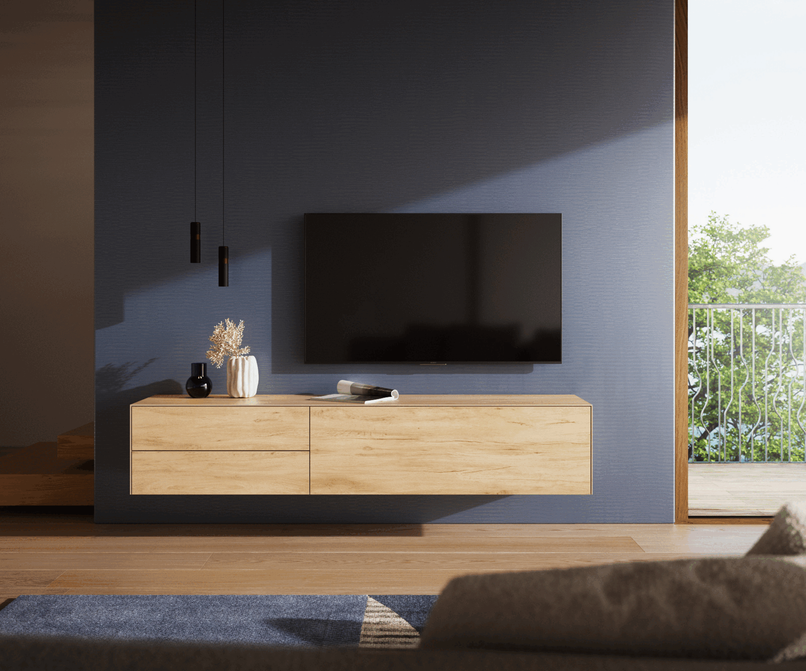 TV stolek Cuor 180 cm keramika Laminam® Sabbia dubová 1 výklopná dvířka 2 zásuvky závěsný - Obrázek 2