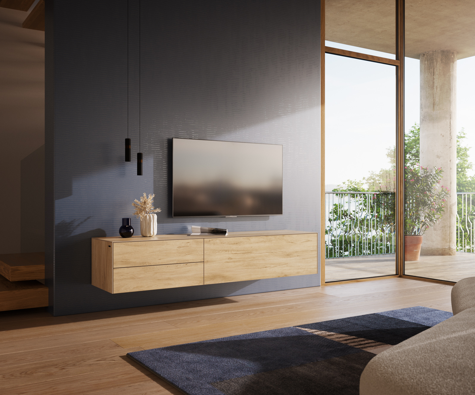 TV stolek Cuor 180 cm keramika Laminam® Sabbia dubová 1 výklopná dvířka 2 zásuvky závěsný
