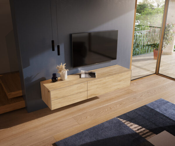 TV stolek Cuor 180 cm keramika Laminam® Sabbia dubová 1 výklopná dvířka 2 zásuvky závěsný - Obrázek 4