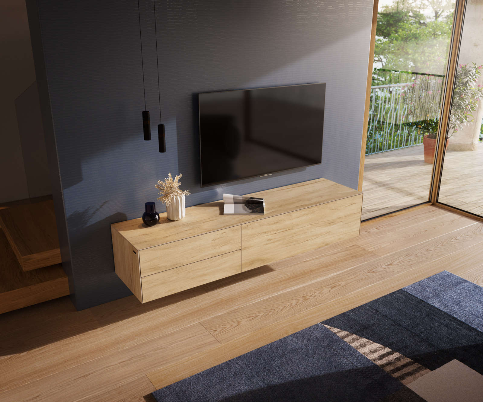 TV stolek Cuor 180 cm keramika Laminam® Sabbia dubová 1 výklopná dvířka 2 zásuvky závěsný - Obrázek 4