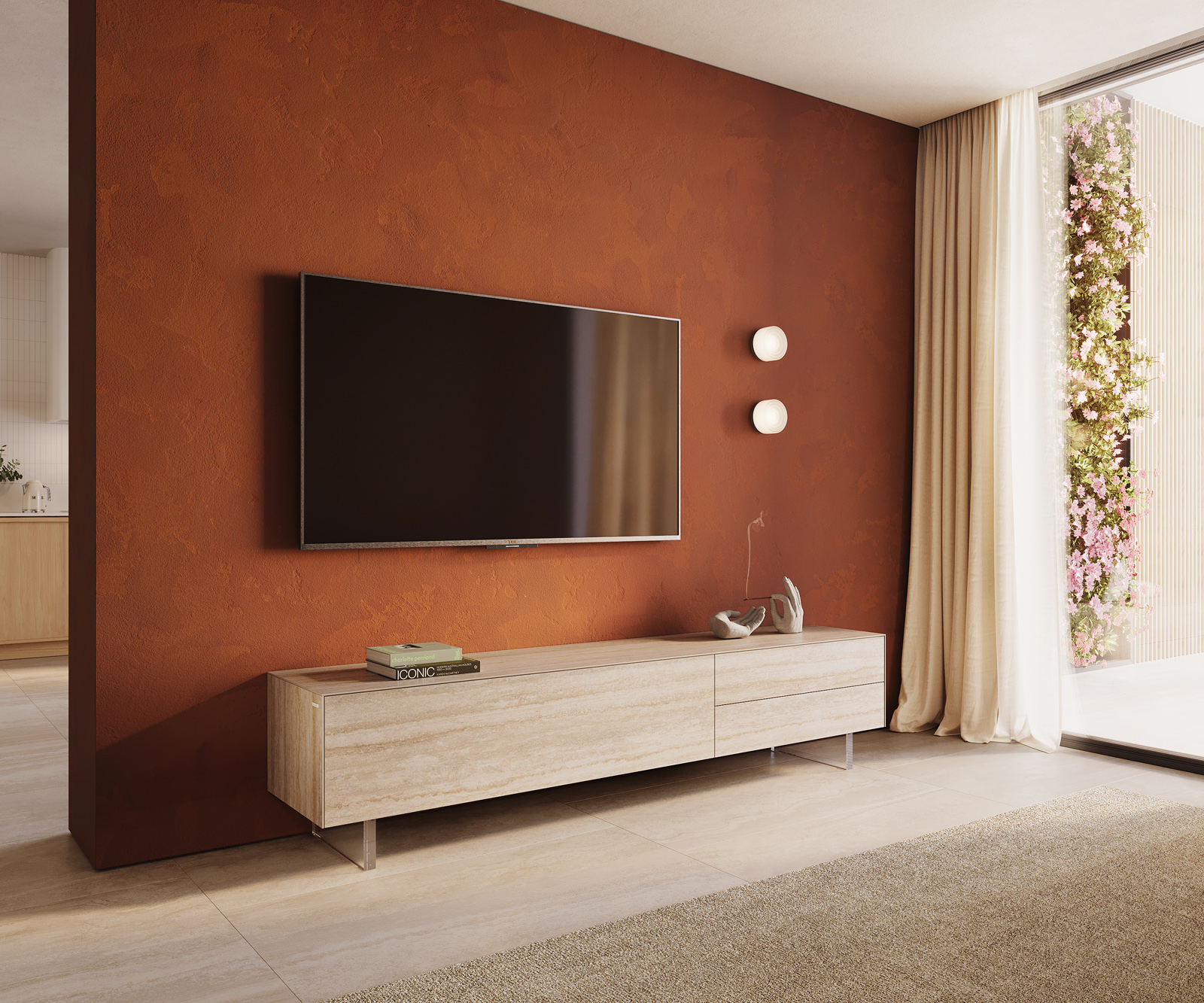 TV stolek Cuor 220 cm keramika Laminam® Travertino Bianco krémově bílá 1 výklopná dvířka 2 zásuvky podnož závěsná akrylglas