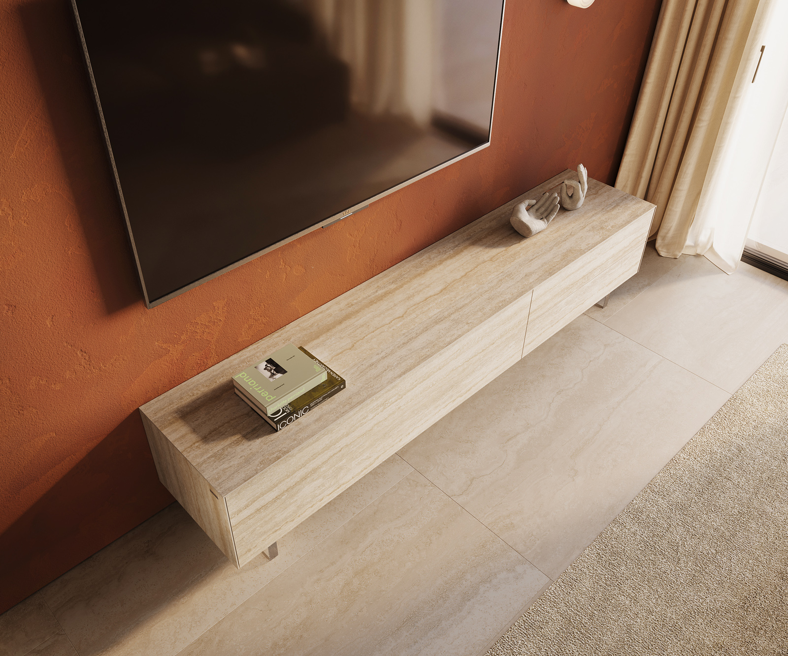 TV stolek Cuor 220 cm keramika Laminam® Travertino Bianco krémově bílá 1 výklopná dvířka 2 zásuvky podnož závěsná akrylglas - Obrázek 4