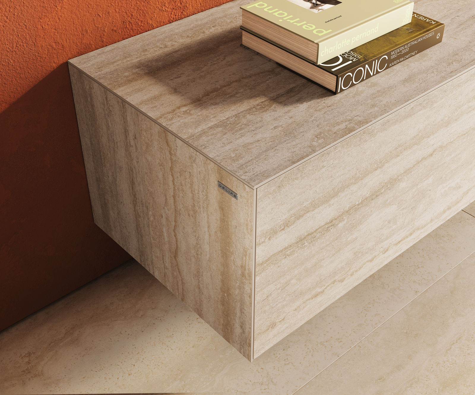 TV stolek Cuor 220 cm keramika Laminam® Travertino Bianco krémově bílá 1 výklopná dvířka 2 zásuvky závěsný - Obrázek 6