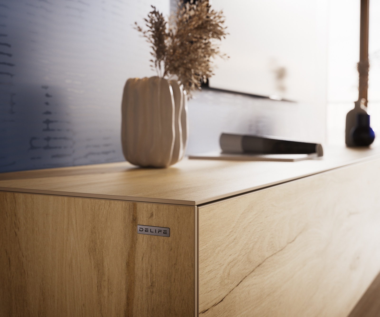 TV stolek Cuor 220 cm keramika Laminam® Sabbia dubová barva 1 výklopná dvířka 2 zásuvky podnož závěsná kov černá - Obrázek 7