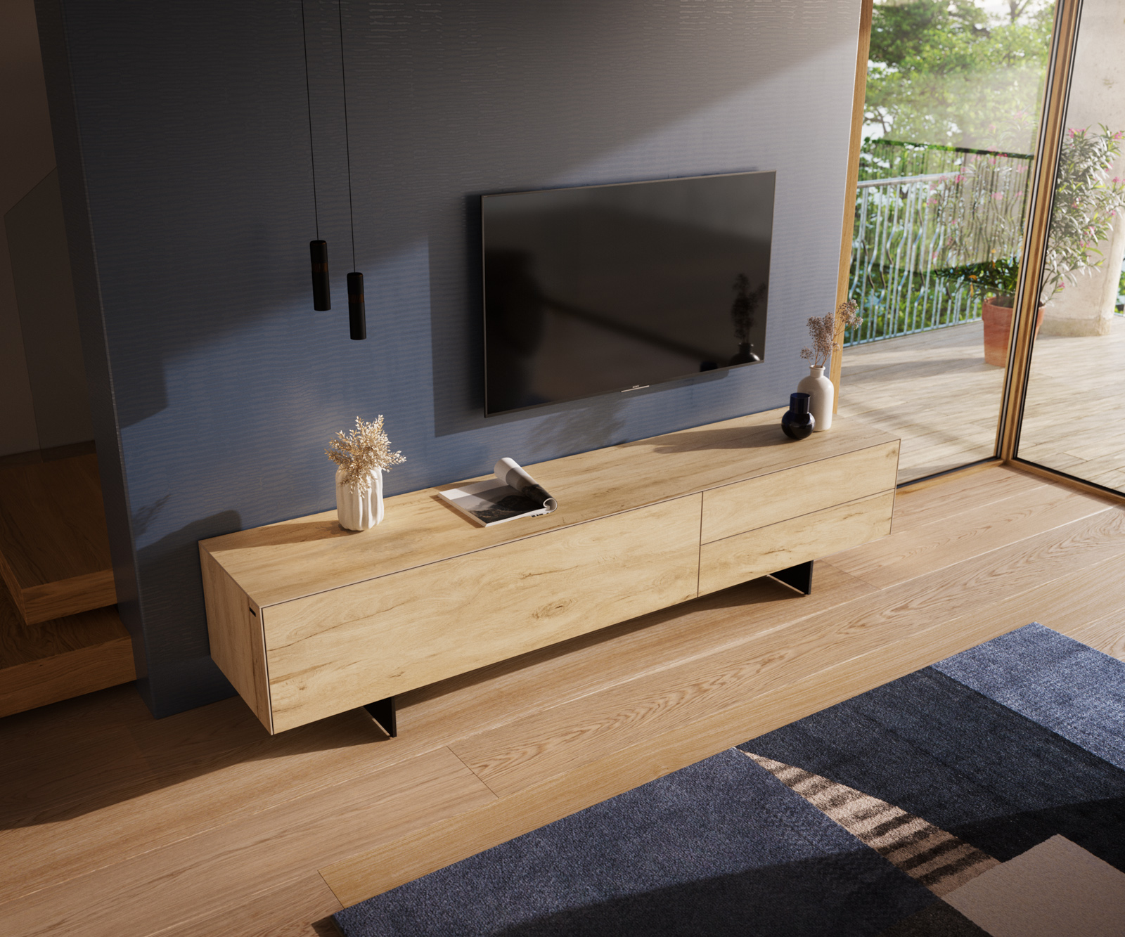 TV stolek Cuor 220 cm keramika Laminam® Sabbia dubová barva 1 výklopná dvířka 2 zásuvky podnož závěsná kov černá - Obrázek 4