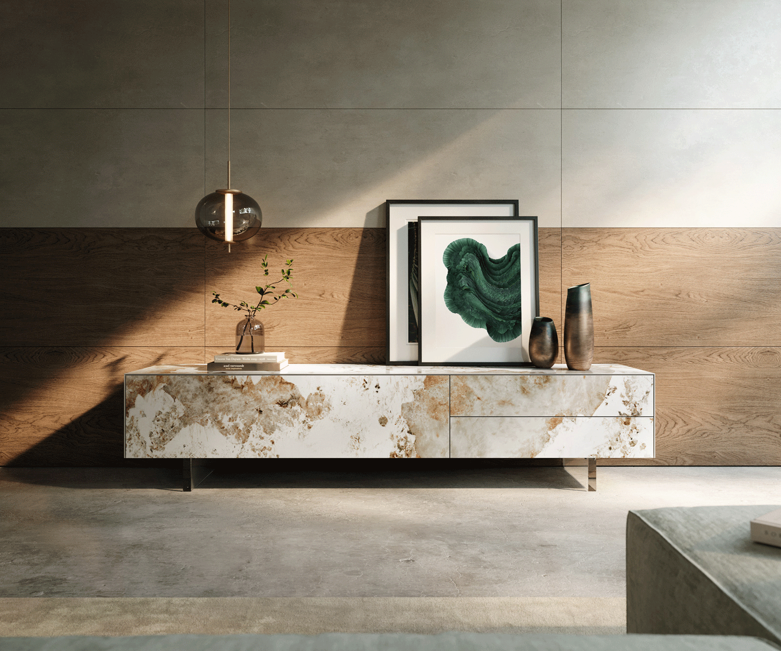 TV stolek Cuor 220 cm keramika Minas Melange bílá béžová 1 výklopná dvířka 2 zásuvky podnož závěsná akrylglas - Obrázek 2