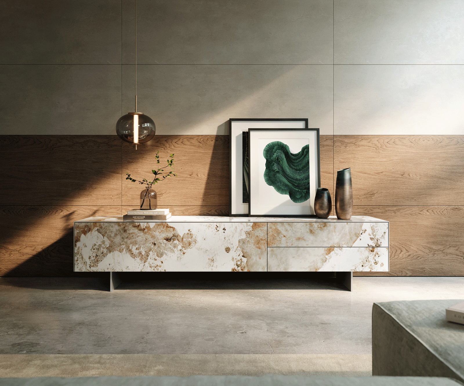 TV stolek Cuor 220 cm keramika Minas Melange bílá béžová 1 výklopná dvířka 2 zásuvky podnož závěsná nerezová ocel - Obrázek 2