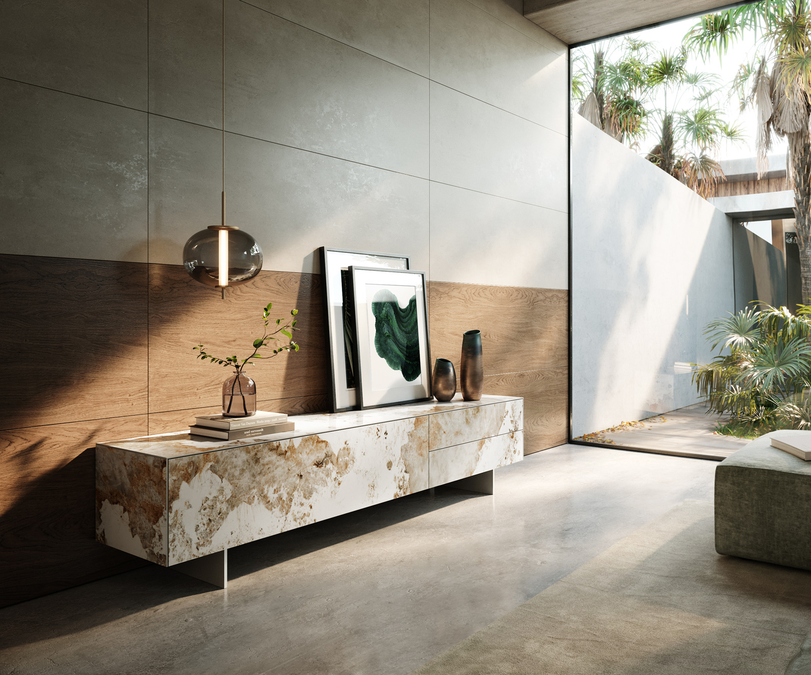 TV stolek Cuor 220 cm keramika Minas Melange bílá béžová 1 výklopná dvířka 2 zásuvky podnož závěsná nerezová ocel