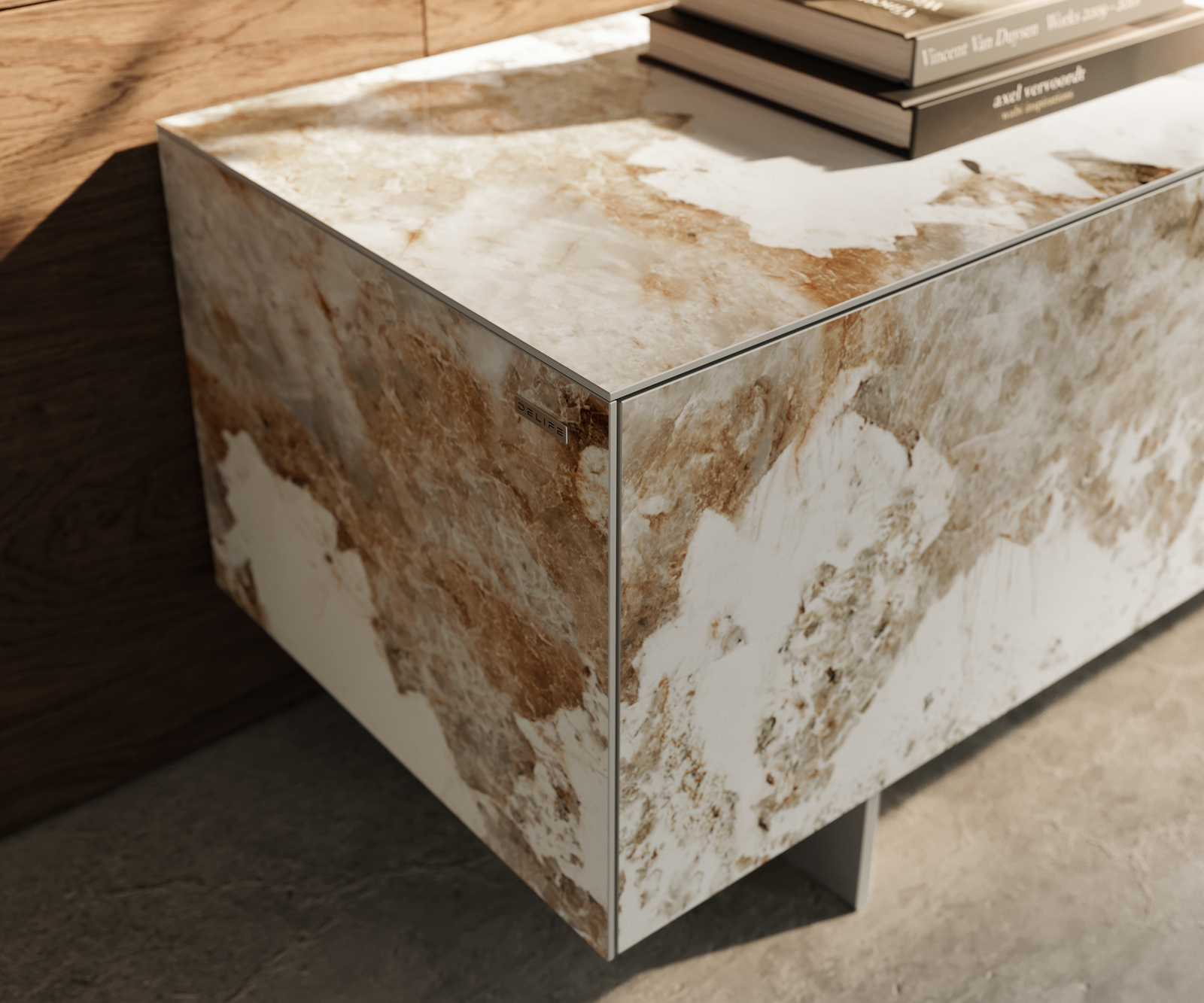 TV stolek Cuor 220 cm keramika Minas Melange bílá béžová 1 výklopná dvířka 2 zásuvky podnož závěsná nerezová ocel - Obrázek 6