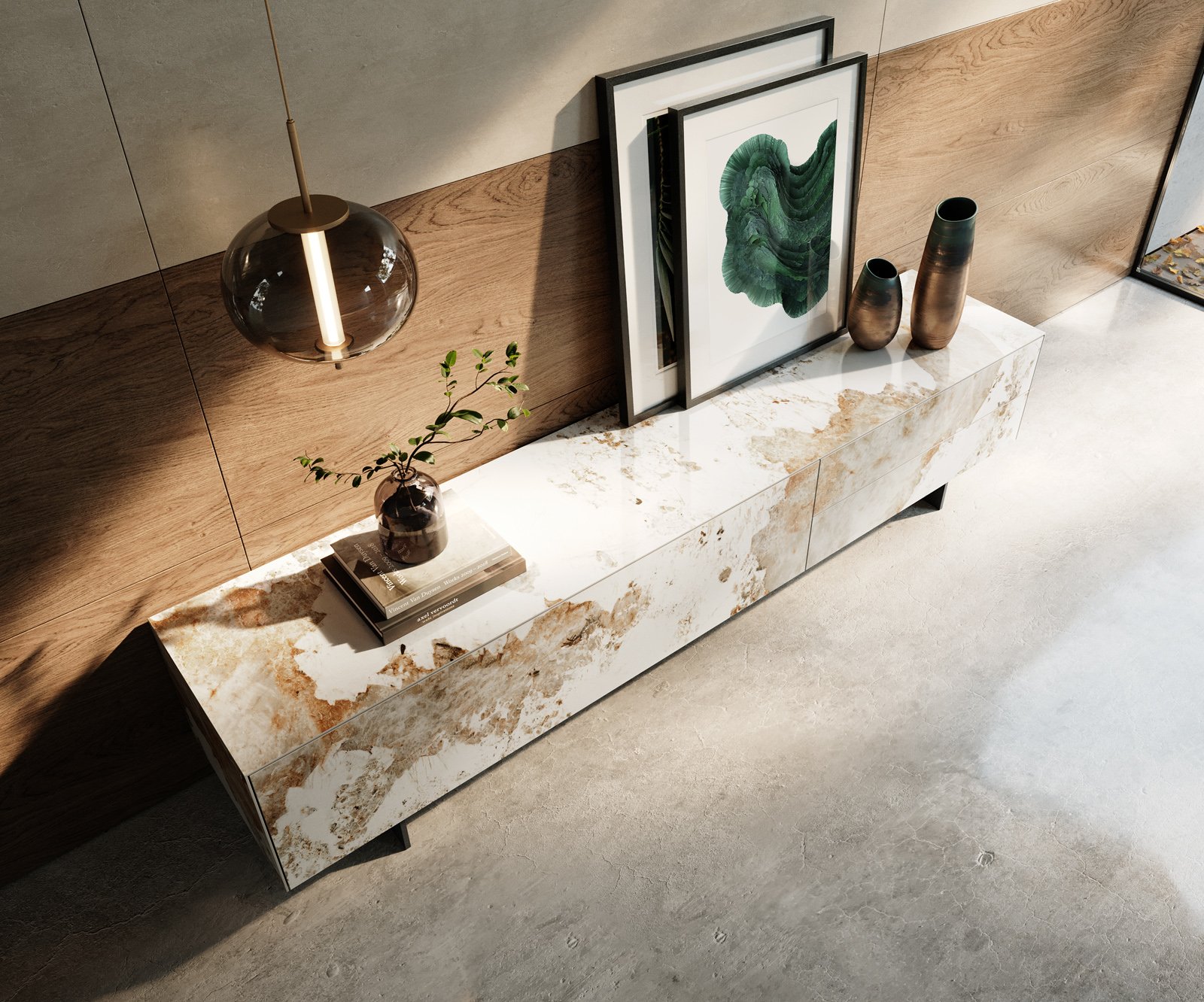 TV stolek Cuor 220 cm keramika Minas Melange bílá béžová 1 výklopná dvířka 2 zásuvky podnož závěsná kov černá - Obrázek 4