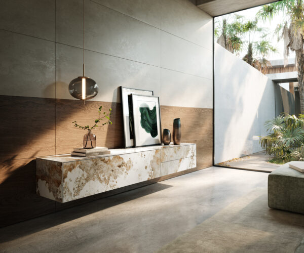 TV stolek Cuor 220 cm keramika Minas Melange bílá béžová 1 výklopná dvířka 2 zásuvky závěsný