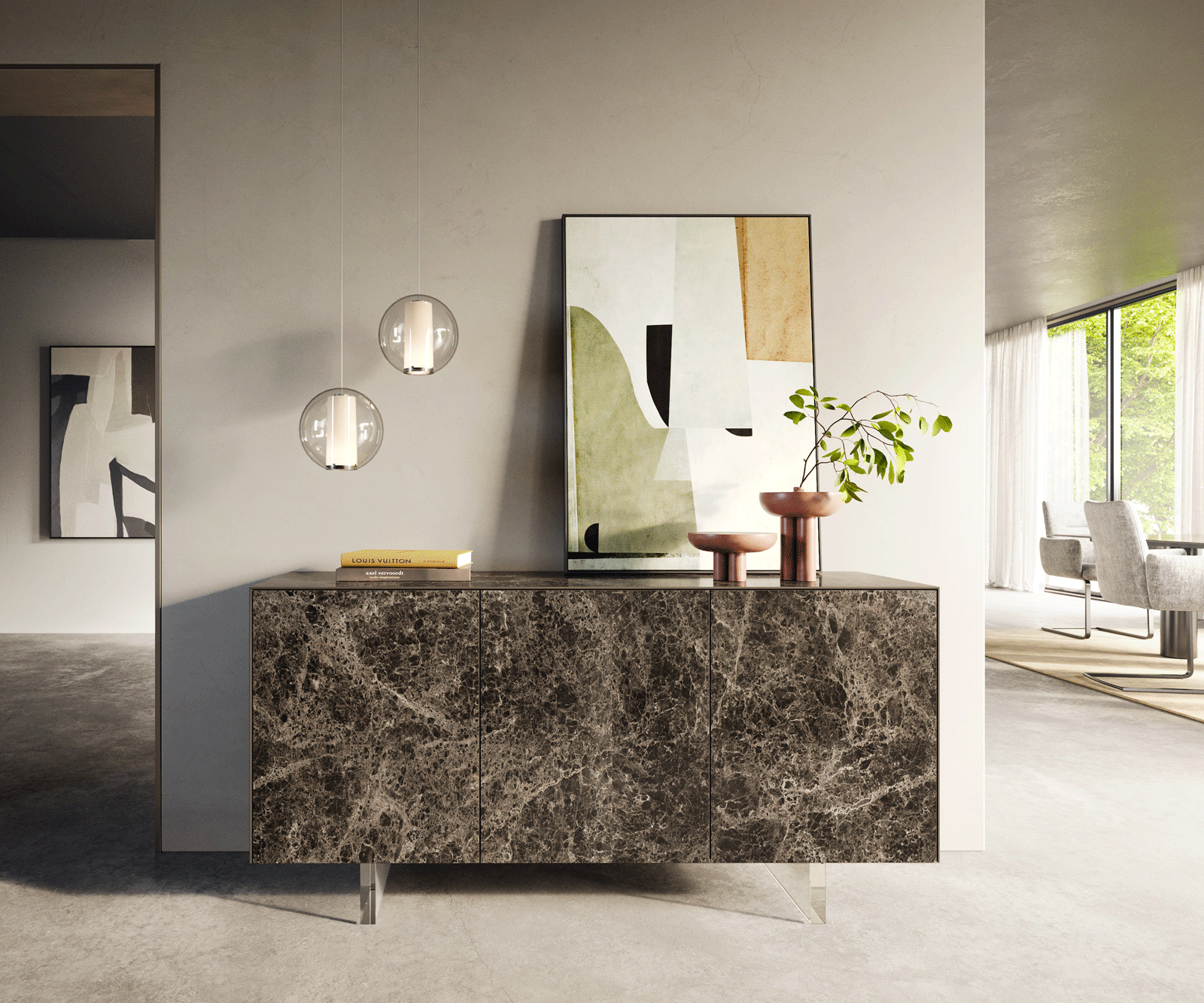 Komoda Cuor 150 cm keramika Laminam® Emperador Extra Lucidato tmavě hnědá 3 dvířka podnož závěsná akrylglas - Obrázek 2