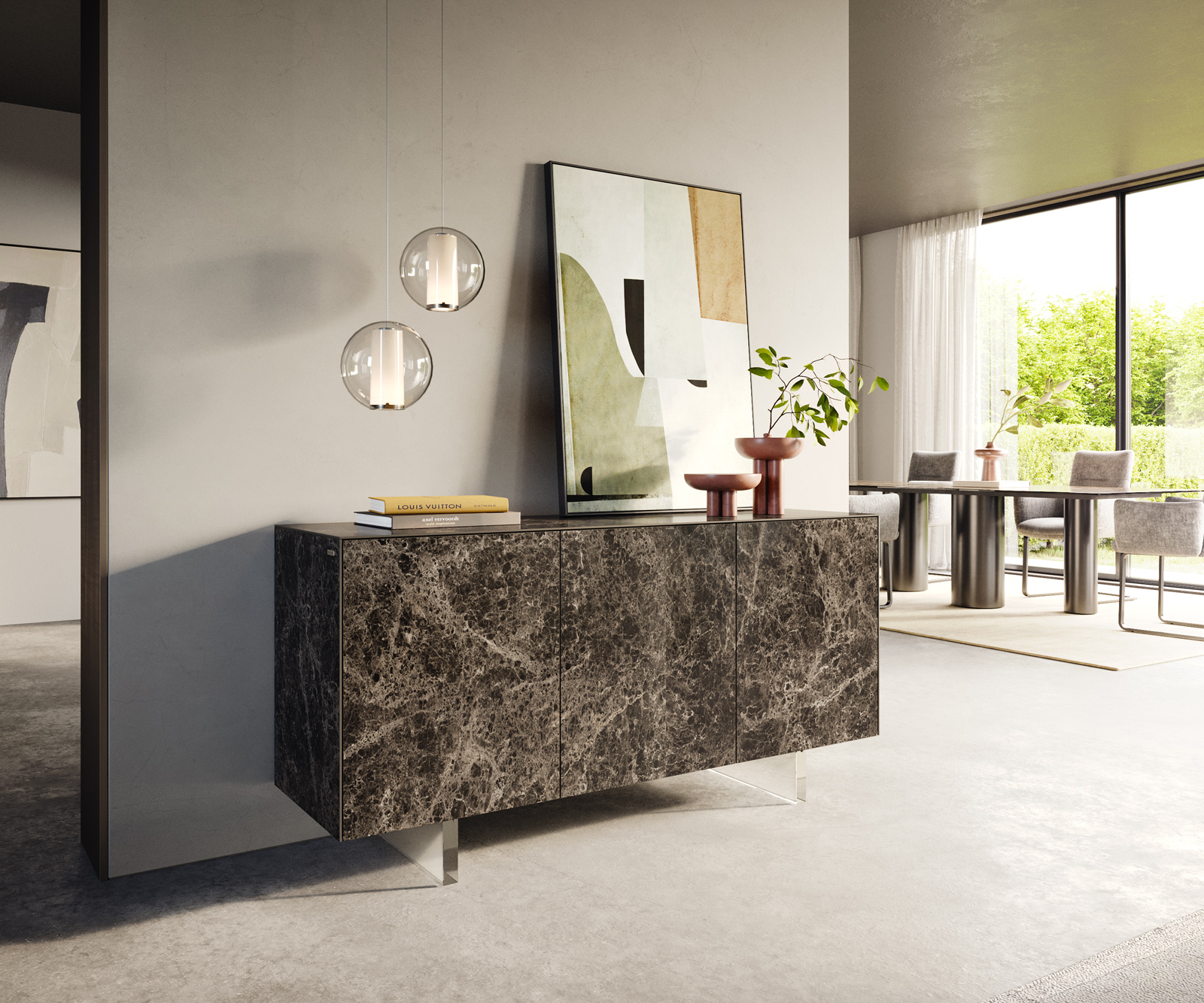 Komoda Cuor 150 cm keramika Laminam® Emperador Extra Lucidato tmavě hnědá 3 dvířka podnož závěsná akrylglas