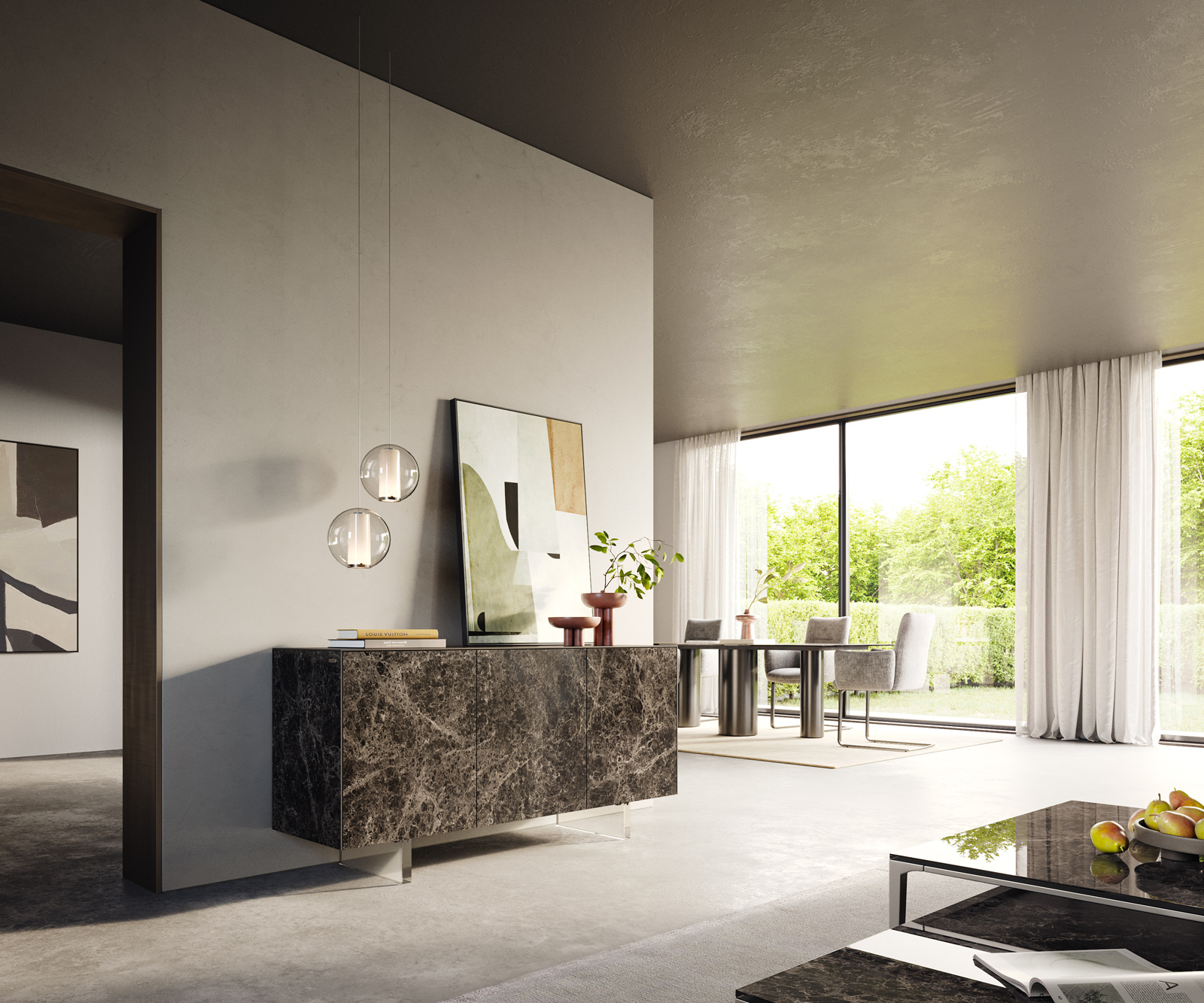 Komoda Cuor 150 cm keramika Laminam® Emperador Extra Lucidato tmavě hnědá 3 dvířka podnož závěsná akrylglas - Obrázek 7