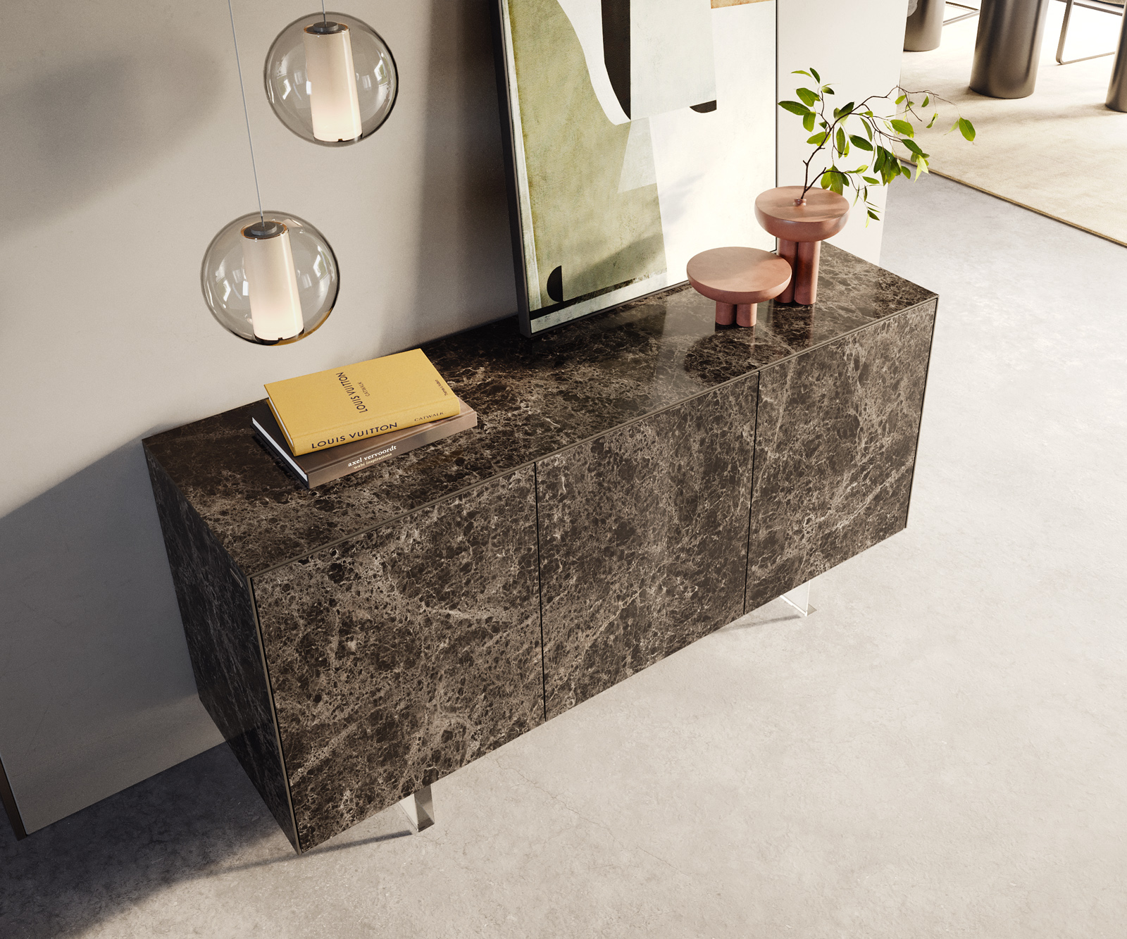 Komoda Cuor 150 cm keramika Laminam® Emperador Extra Lucidato tmavě hnědá 3 dvířka podnož závěsná akrylglas - Obrázek 4