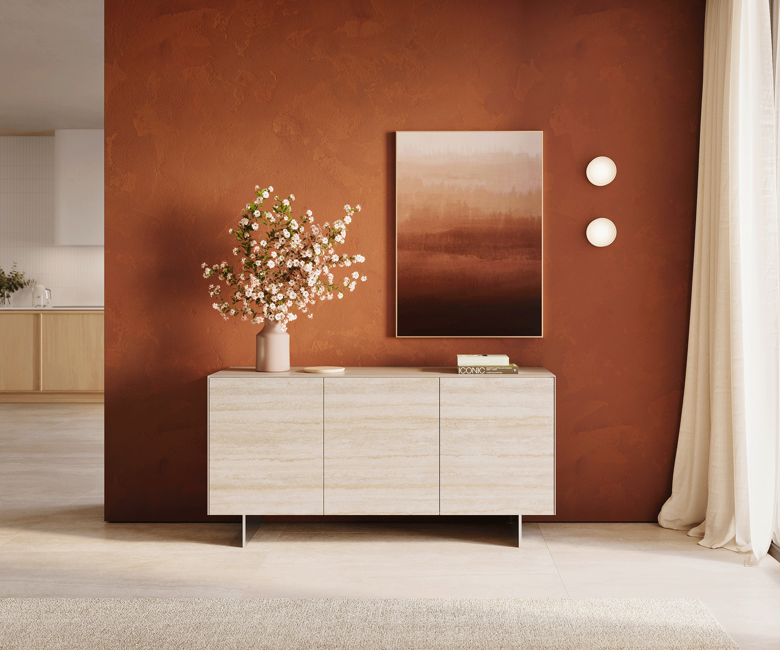 Komoda Cuor 150 cm keramika Laminam® Travertino Bianco krémově bílá 3 dvířka podnož závěsná nerezová ocel - Obrázek 2