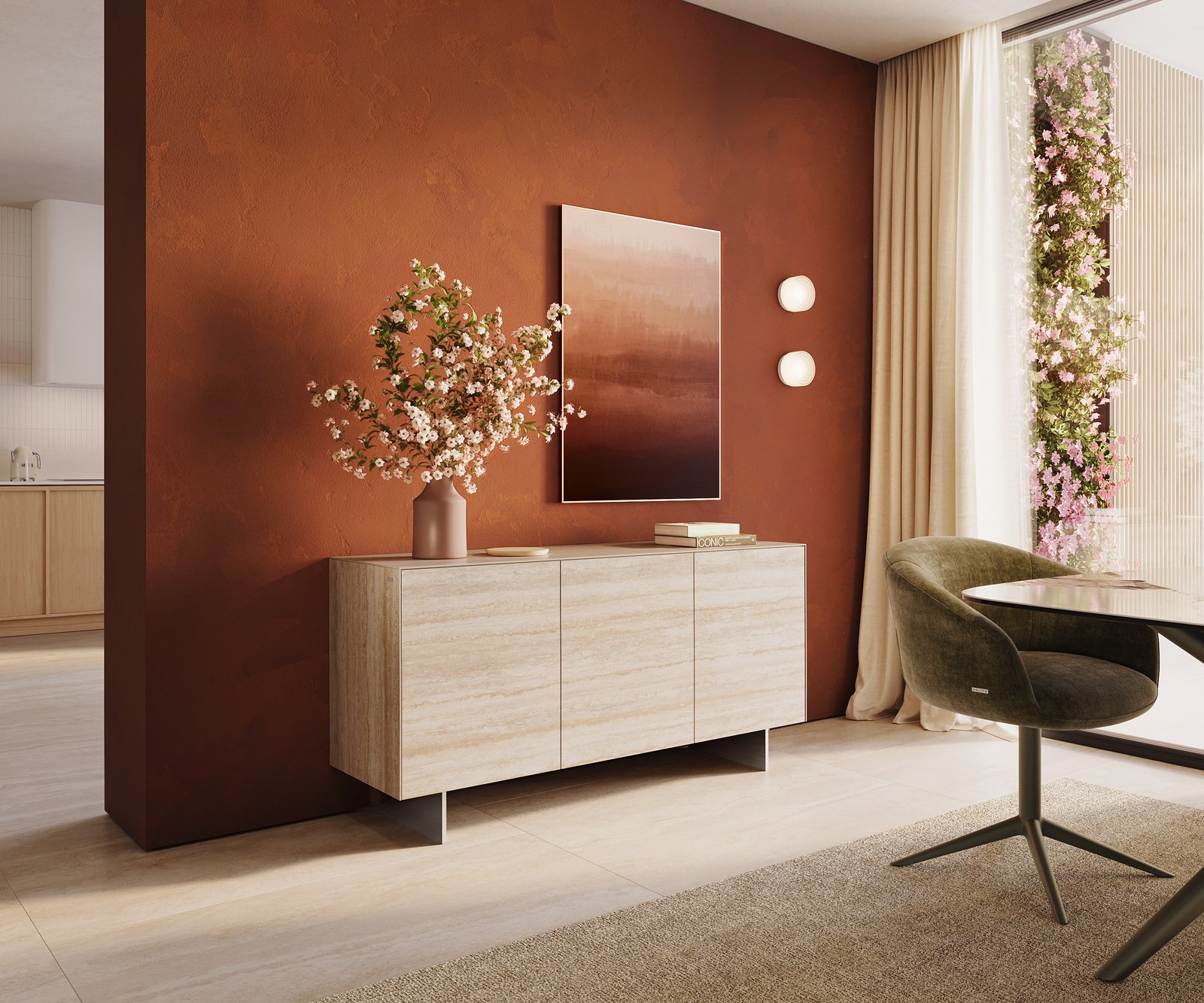 Komoda Cuor 150 cm keramika Laminam® Travertino Bianco krémově bílá 3 dvířka podnož závěsná nerezová ocel