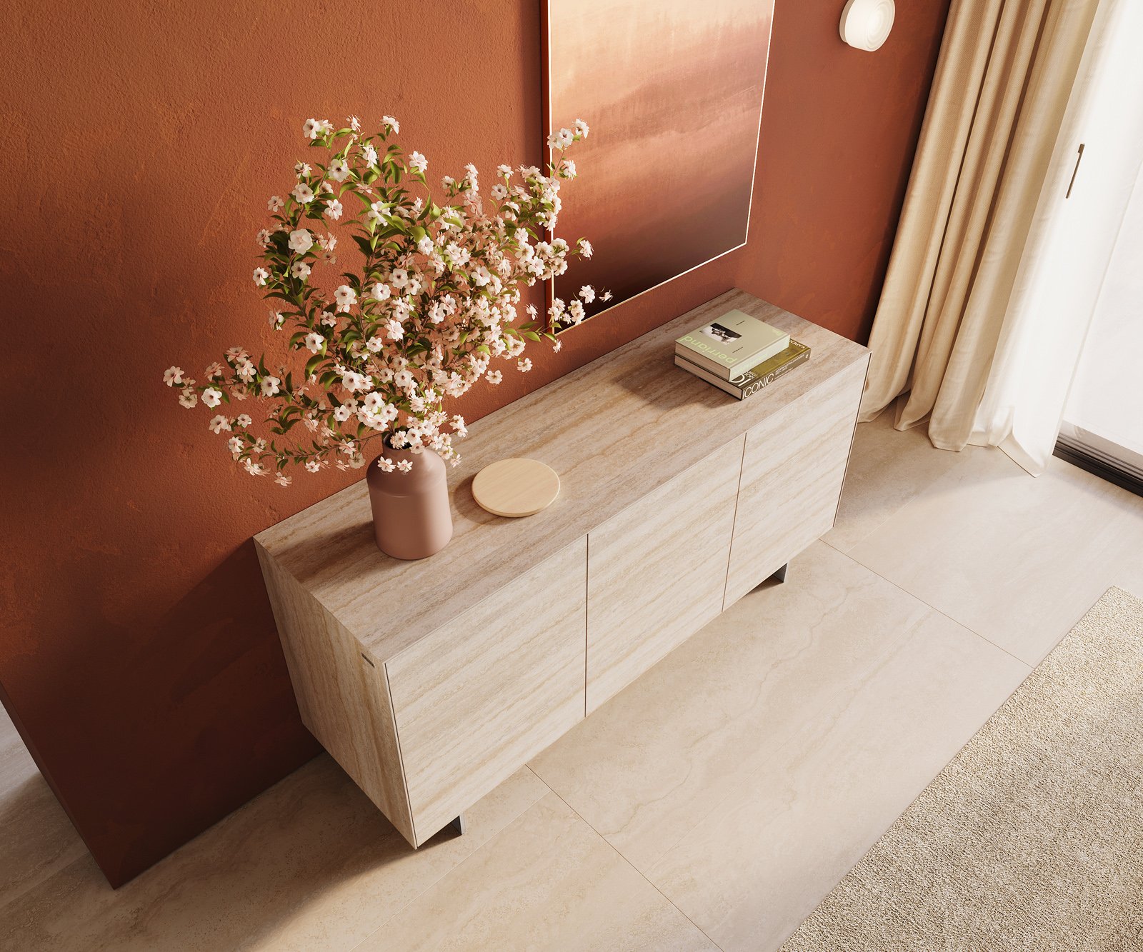 Komoda Cuor 150 cm keramika Laminam® Travertino Bianco krémově bílá 3 dvířka podnož závěsná nerezová ocel - Obrázek 4