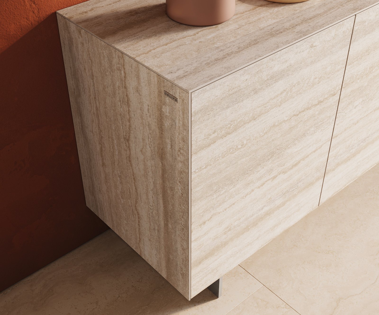 Komoda Cuor 150 cm keramika Laminam® Travertino Bianco krémově bílá 3 dvířka podnož závěsná nerezová ocel - Obrázek 6