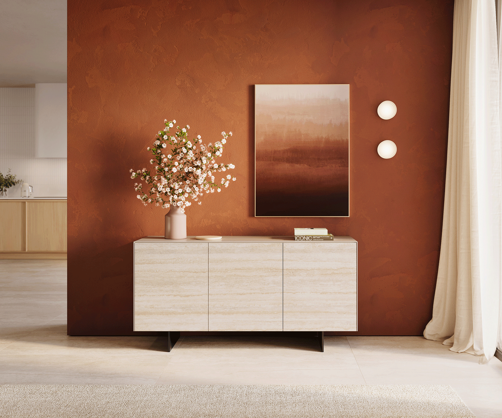 Komoda Cuor 150 cm keramika Laminam® Travertino Bianco krémově bílá 3 dvířka podnož závěsná kov černá - Obrázek 2