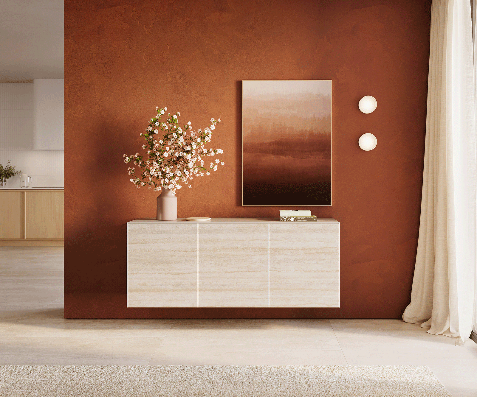 Komoda Cuor 150 cm keramika Laminam® Travertino Bianco krémově bílá 3 dvířka závěsná - Obrázek 2