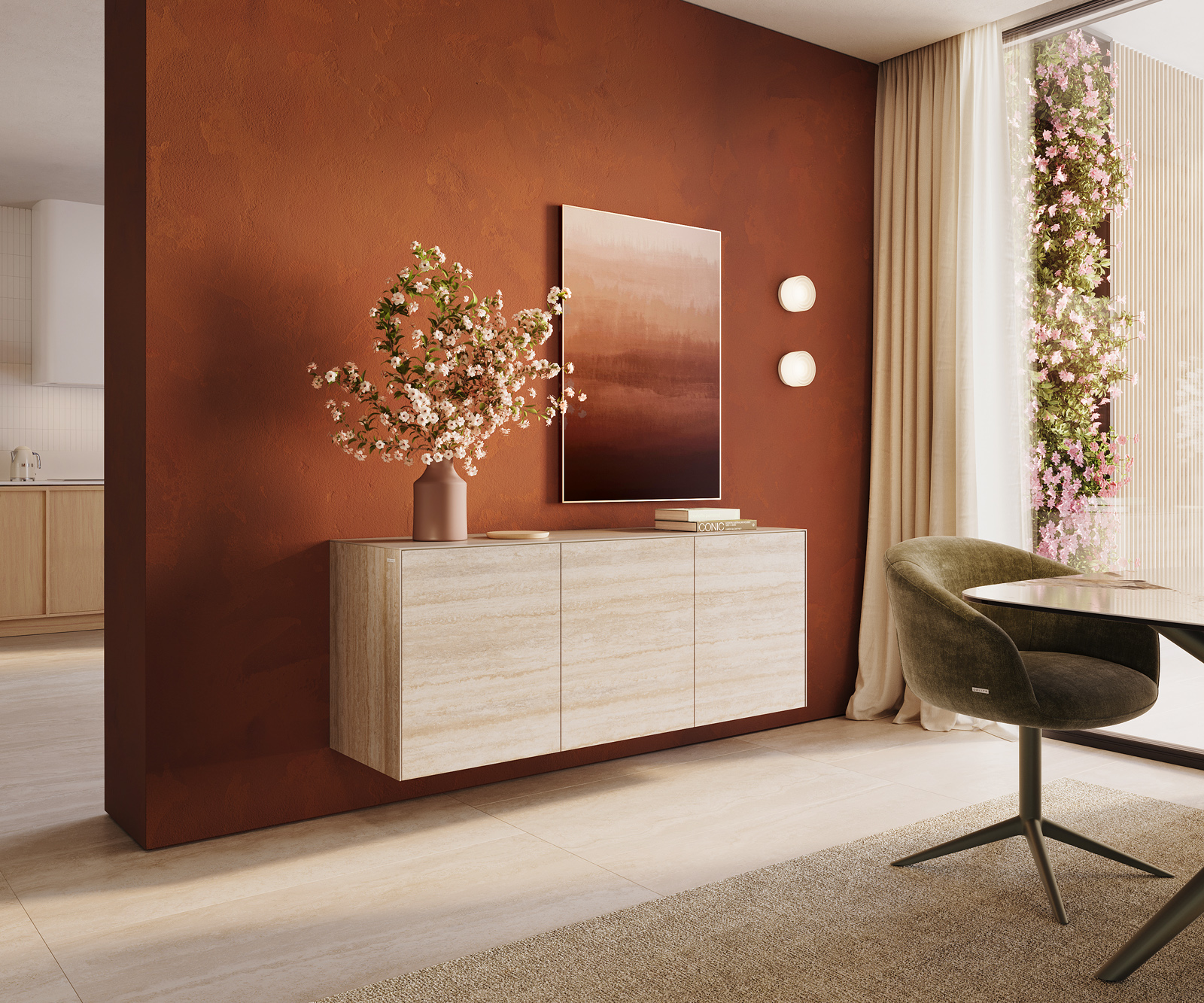 Komoda Cuor 150 cm keramika Laminam® Travertino Bianco krémově bílá 3 dvířka závěsná