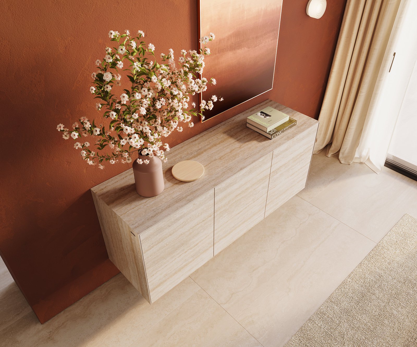 Komoda Cuor 150 cm keramika Laminam® Travertino Bianco krémově bílá 3 dvířka závěsná - Obrázek 4