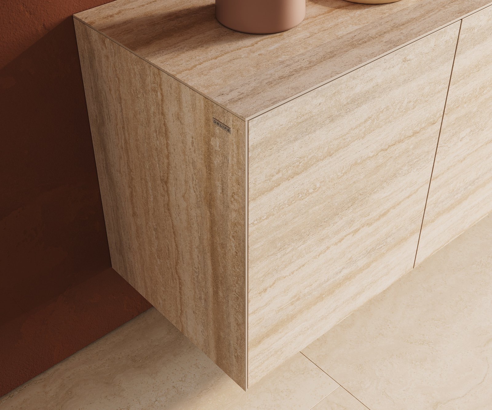 Komoda Cuor 150 cm keramika Laminam® Travertino Bianco krémově bílá 3 dvířka závěsná - Obrázek 6