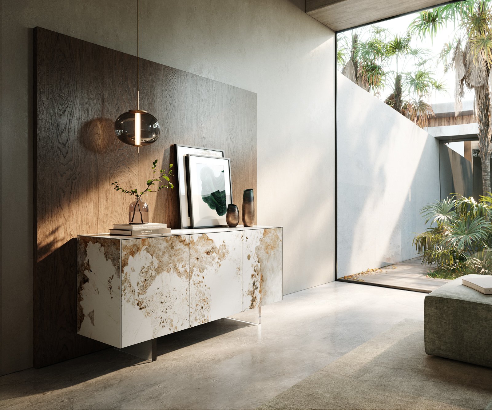 Komoda Cuor 150 cm keramika Minas Melange bílá béžová 3 dvířka podnož závěsná akrylglas