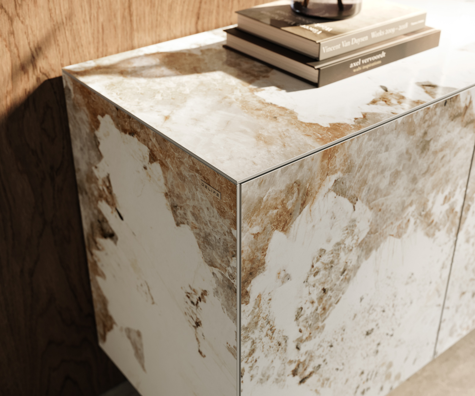 Komoda Cuor 150 cm keramika Minas Melange bílá béžová 3 dvířka podnož závěsná akrylglas - Obrázek 6