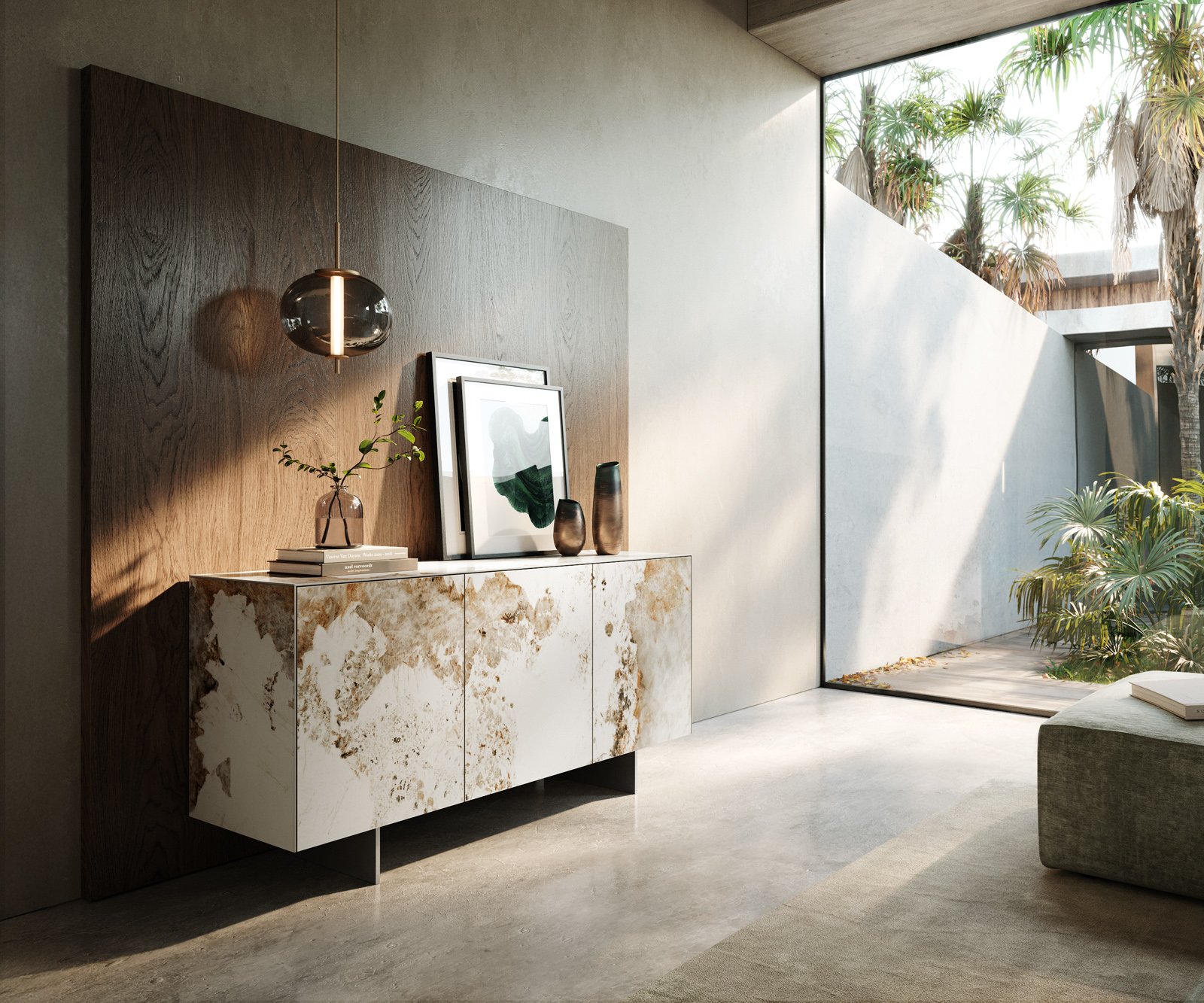 Komoda Cuor 150 cm keramika Minas Melange bílá béžová 3 dvířka podnož závěsná nerezová ocel