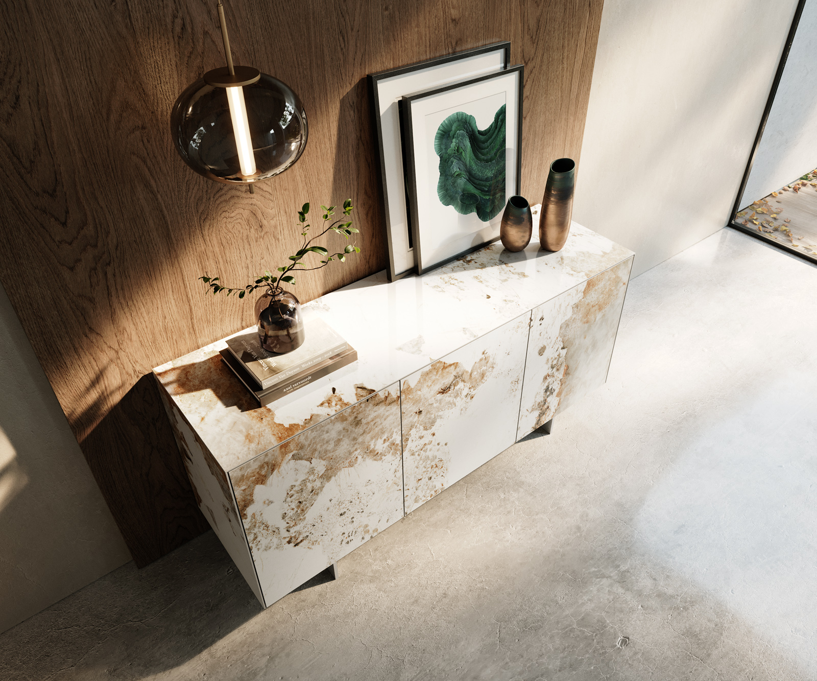 Komoda Cuor 150 cm keramika Minas Melange bílá béžová 3 dvířka podnož závěsná nerezová ocel - Obrázek 4