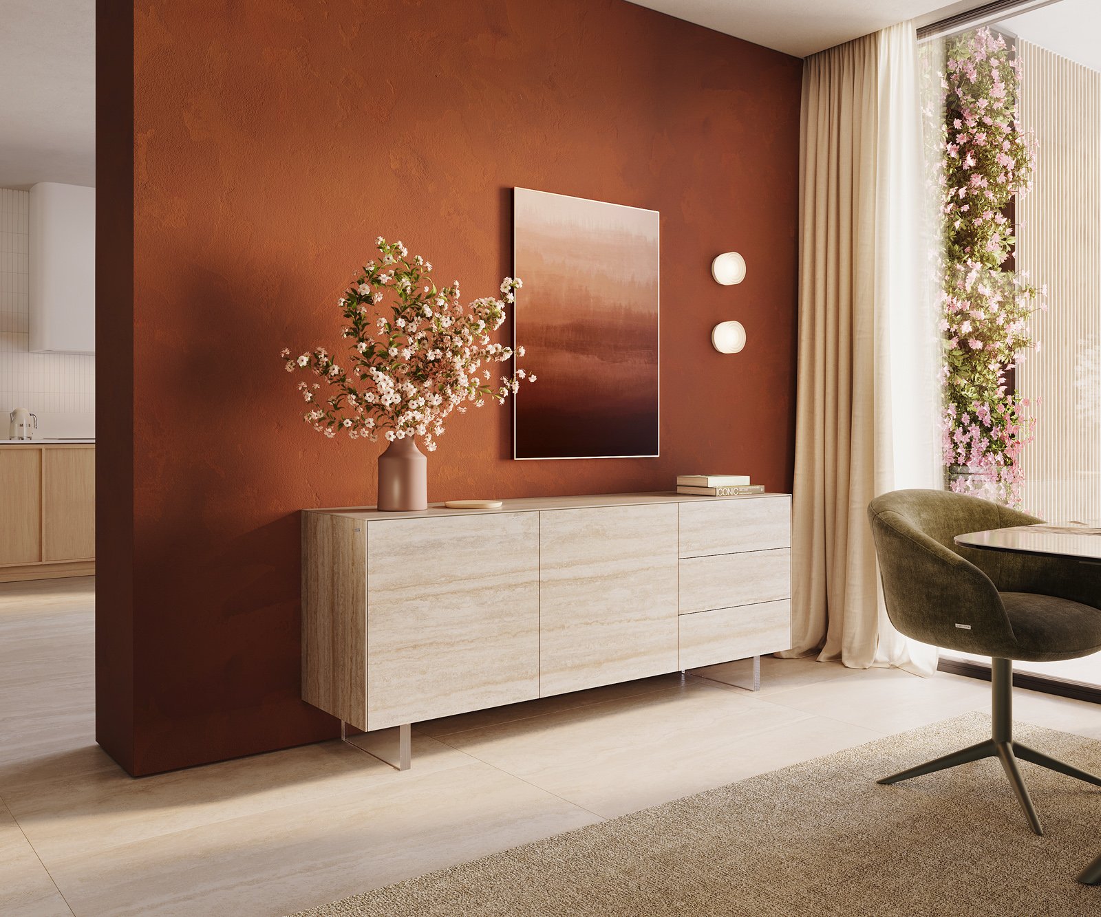Komoda Cuor 180 cm keramika Laminam® Travertino Bianco krémově bílá 2 dvířka 3 zásuvky podnož závěsná akrylglas