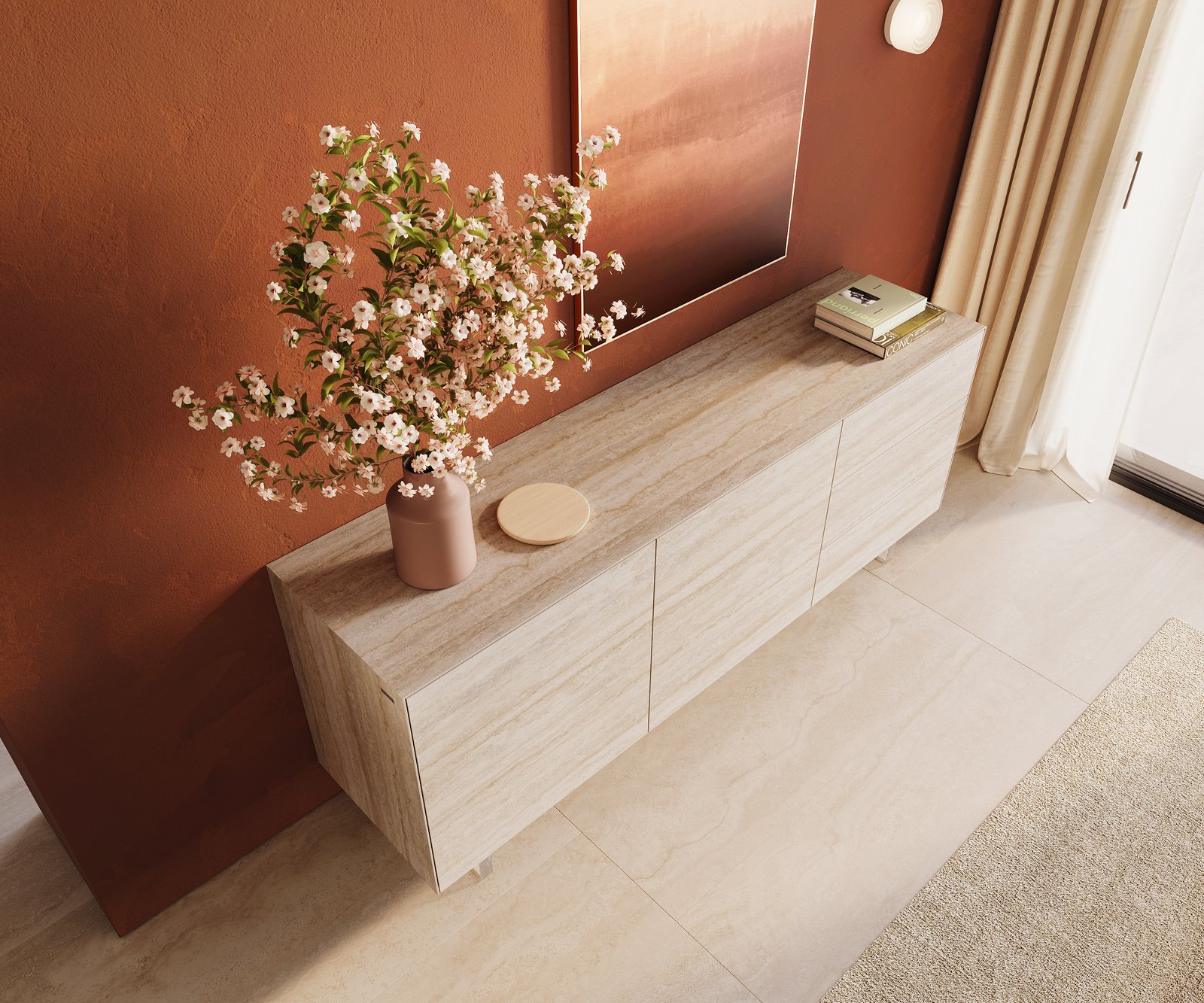 Komoda Cuor 180 cm keramika Laminam® Travertino Bianco krémově bílá 2 dvířka 3 zásuvky podnož závěsná akrylglas - Obrázek 4