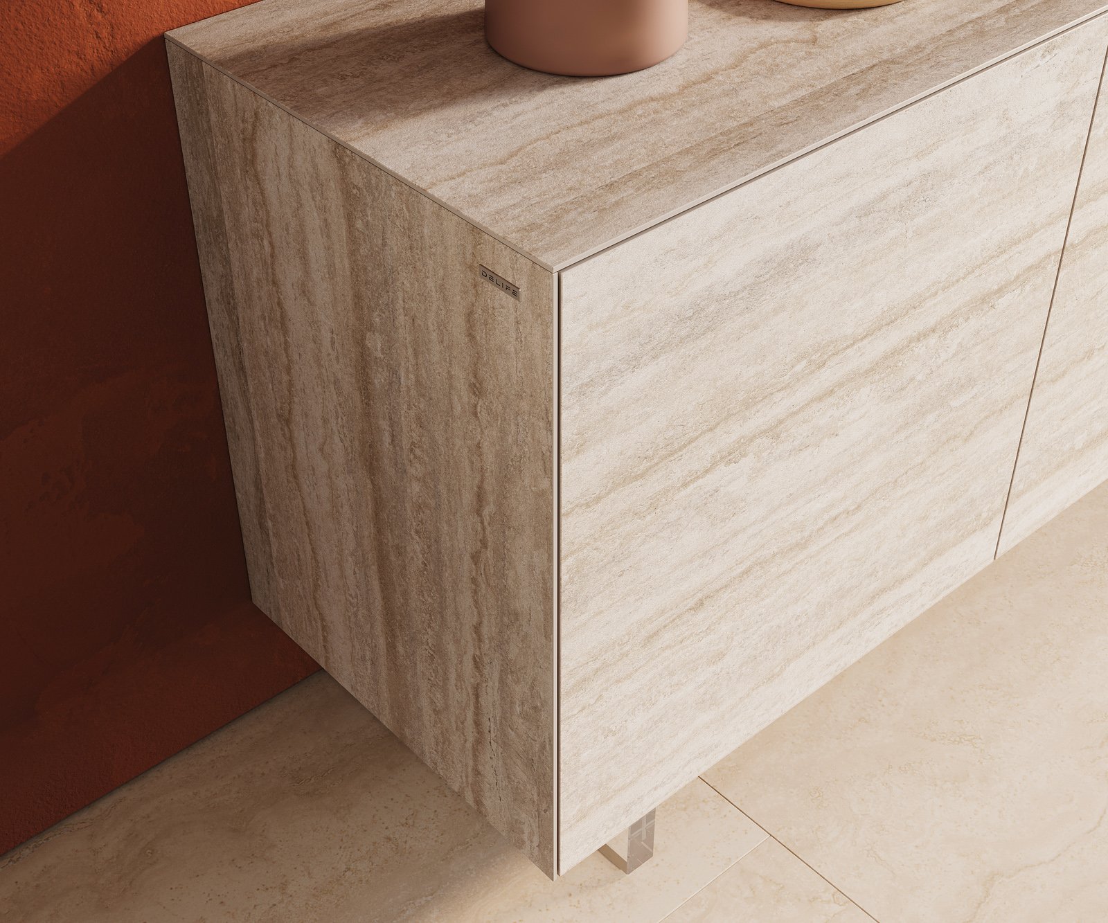 Komoda Cuor 180 cm keramika Laminam® Travertino Bianco krémově bílá 2 dvířka 3 zásuvky podnož závěsná akrylglas - Obrázek 6